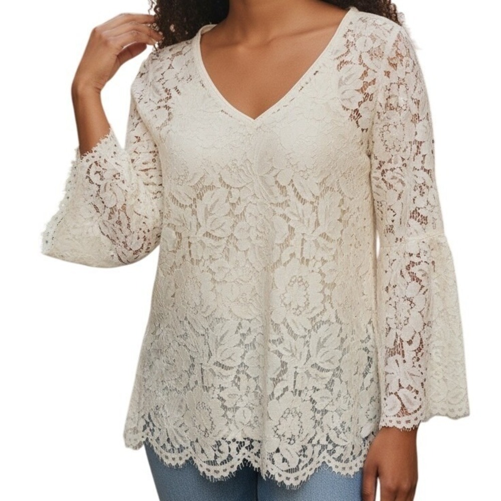 WHITE HOUSE BLACK MARKET White Lace Bell Sleeve V Neck Top With Cami Tank EUC XS